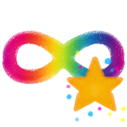 a rainbow infinity symbol with a gold star surrounded with magneta, yellow and blue confetti next to it.